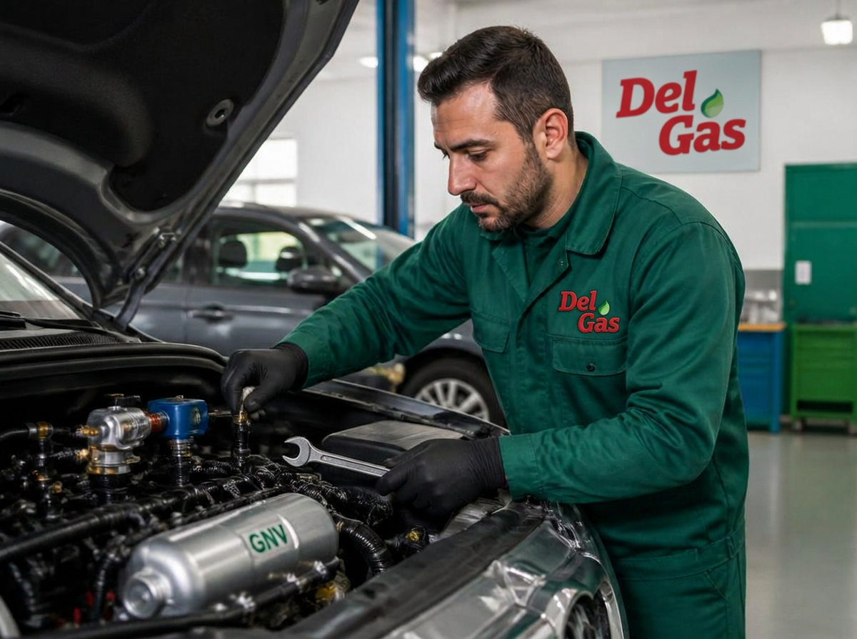 Técnico Delgas uniformizado realizando manutenção em veículo